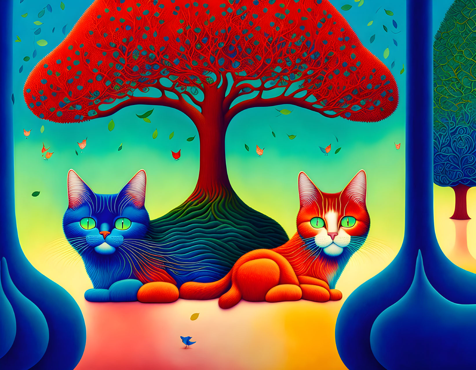 Colorful artwork: Two stylized cats under fantastical tree & butterflies