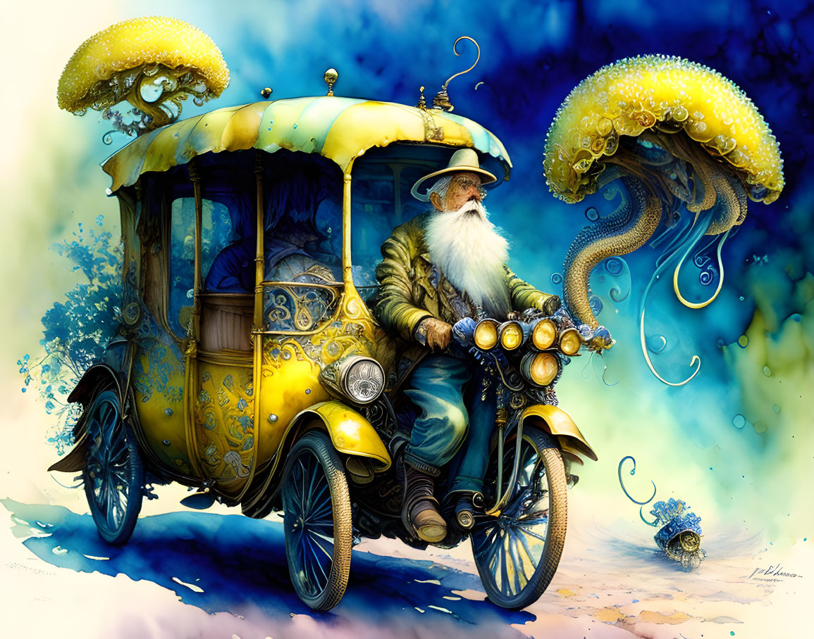 Elderly man drives ornate three-wheeled vehicle under vibrant sky