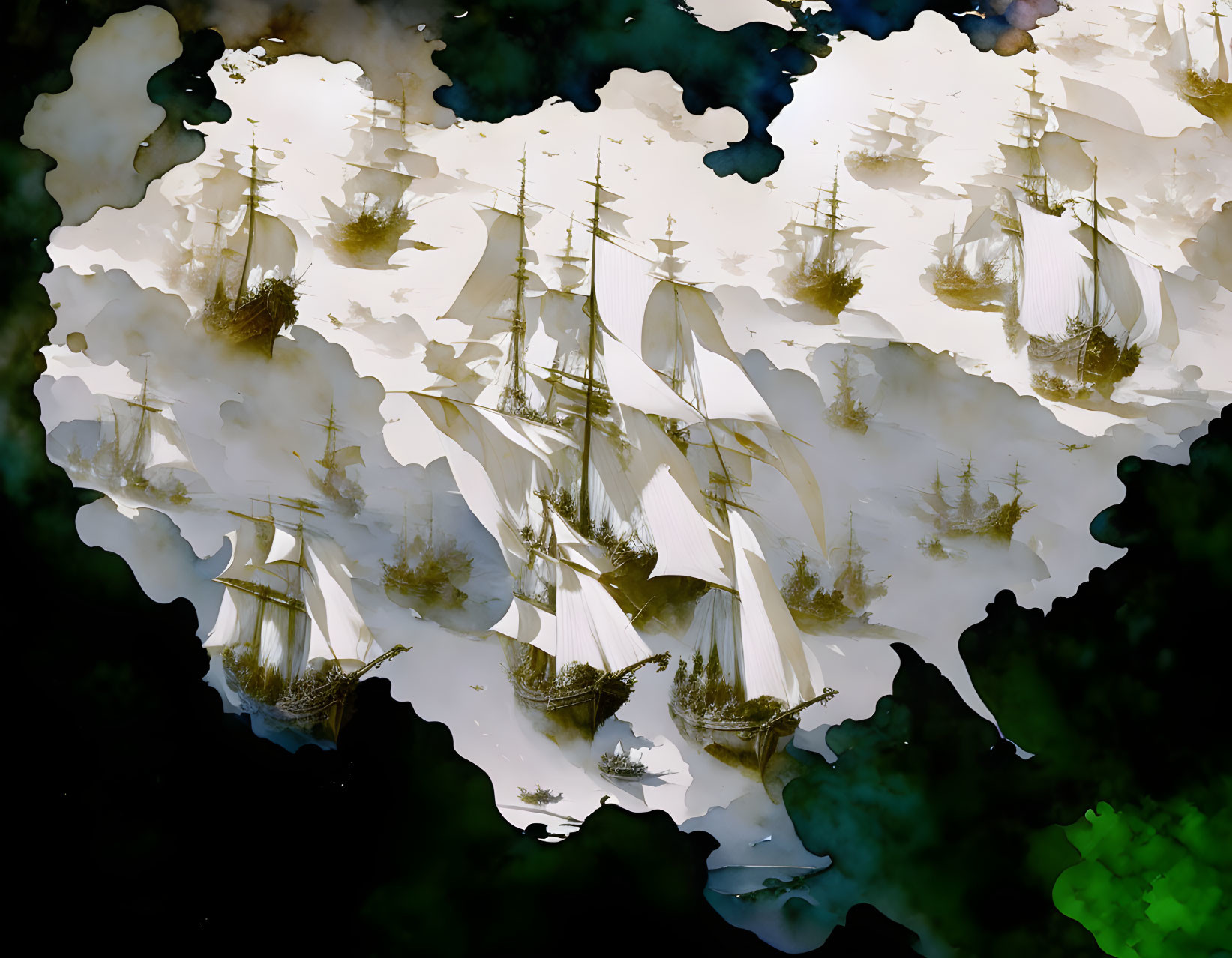 Surreal artwork featuring tall ships and cloud-like terrain