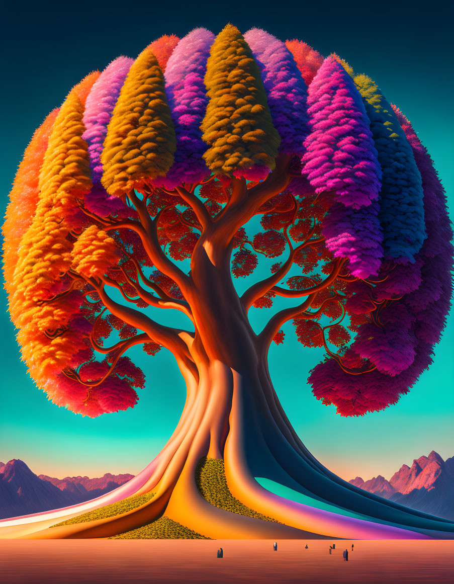 Surreal vibrant tree in gradient hues towering over desert landscape