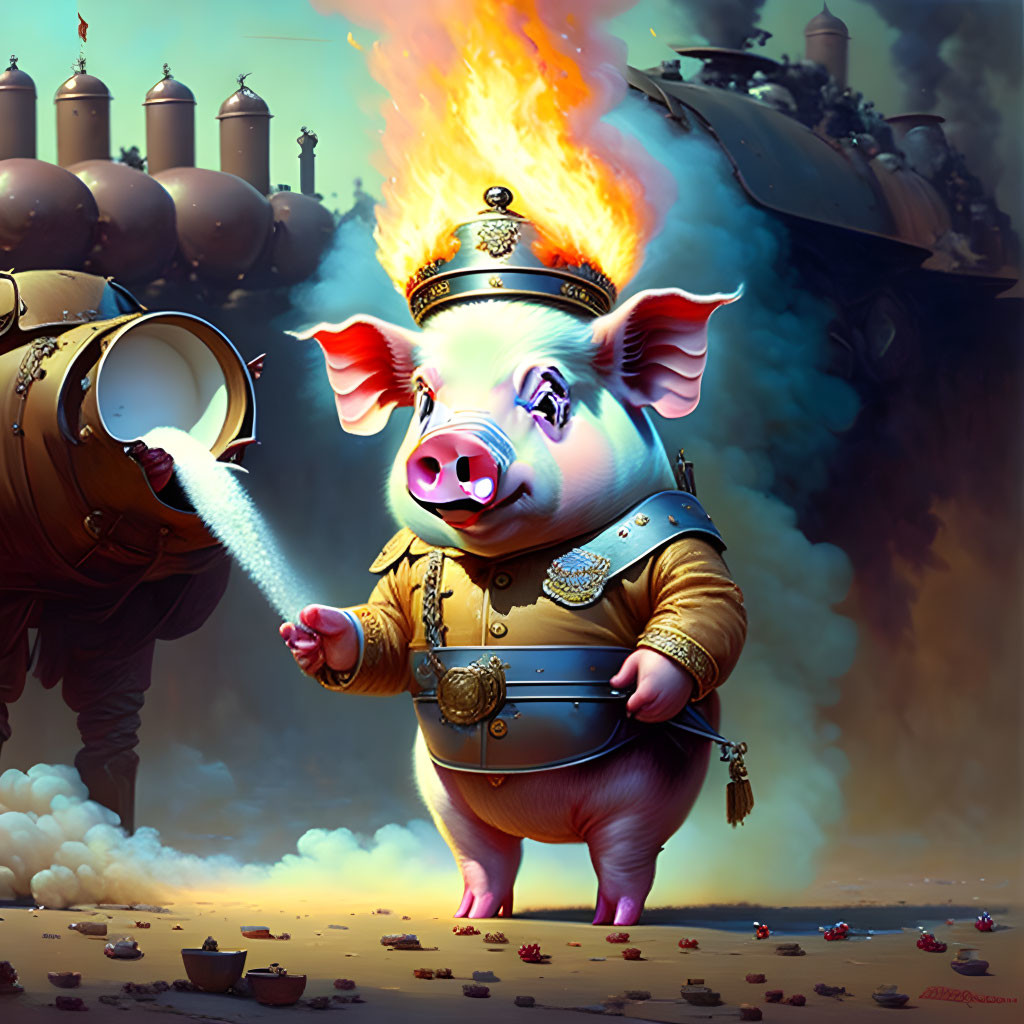 Regal anthropomorphic pig in military attire on fiery battlefield