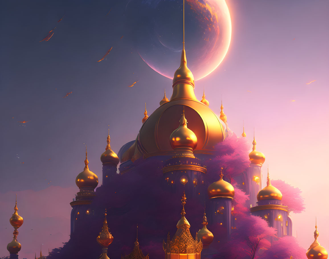 Golden-domed palace in purple clouds with giant moon: a fantastical scene of beauty and mystery