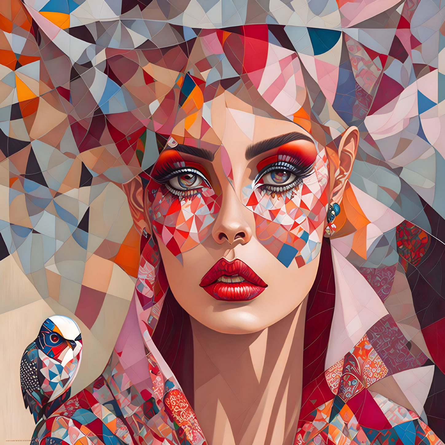 Polygonal-style portrait of woman with sharp features and makeup and parrot on shoulder