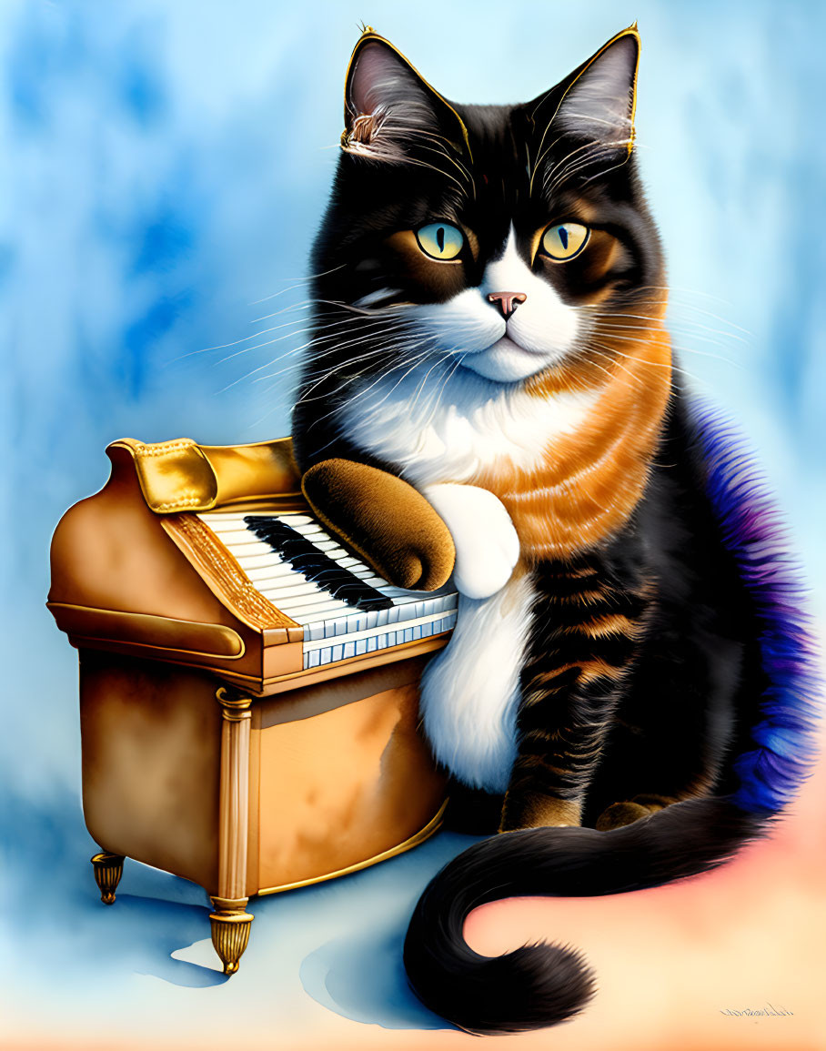 Stylized black and brown cat with blue eyes next to grand piano on blue background