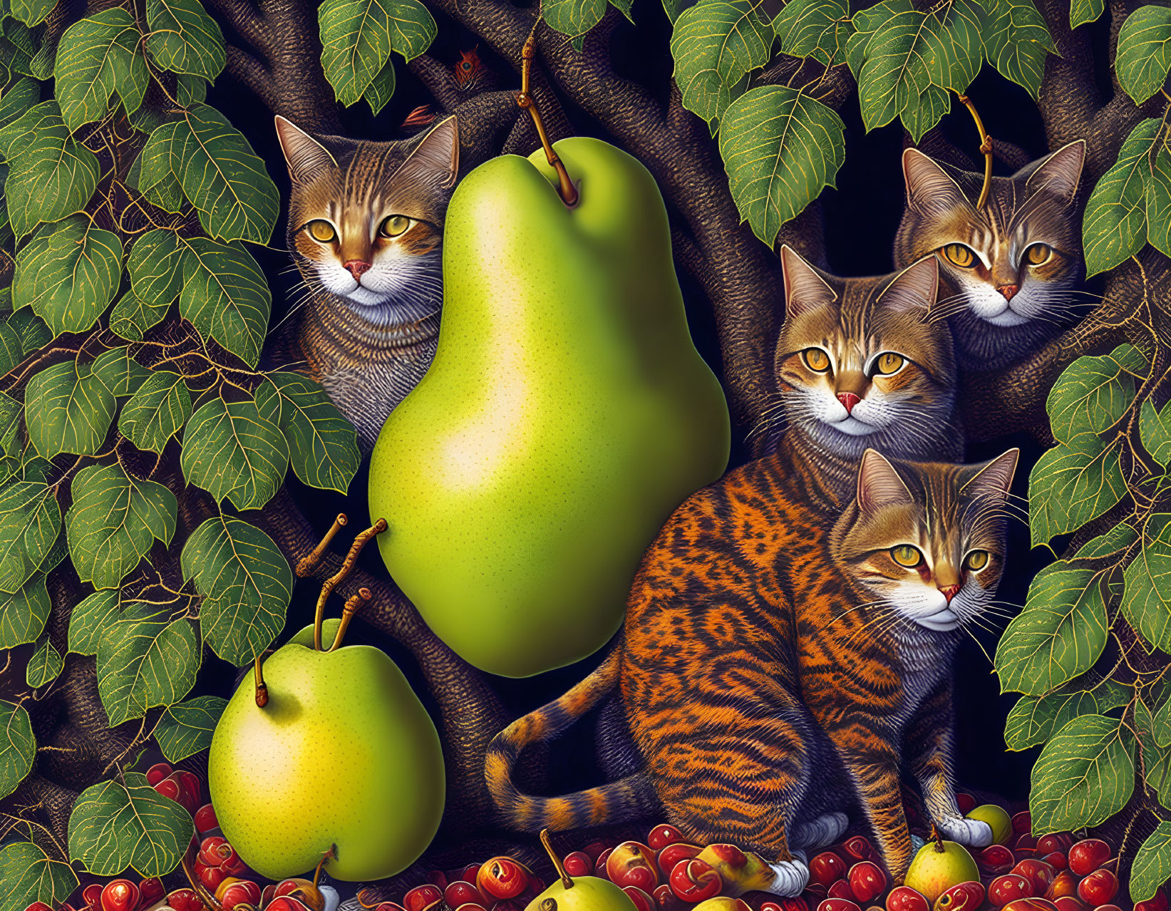 Five Tabby Cats Blending with Tree, Apples, Pears on Dark Background