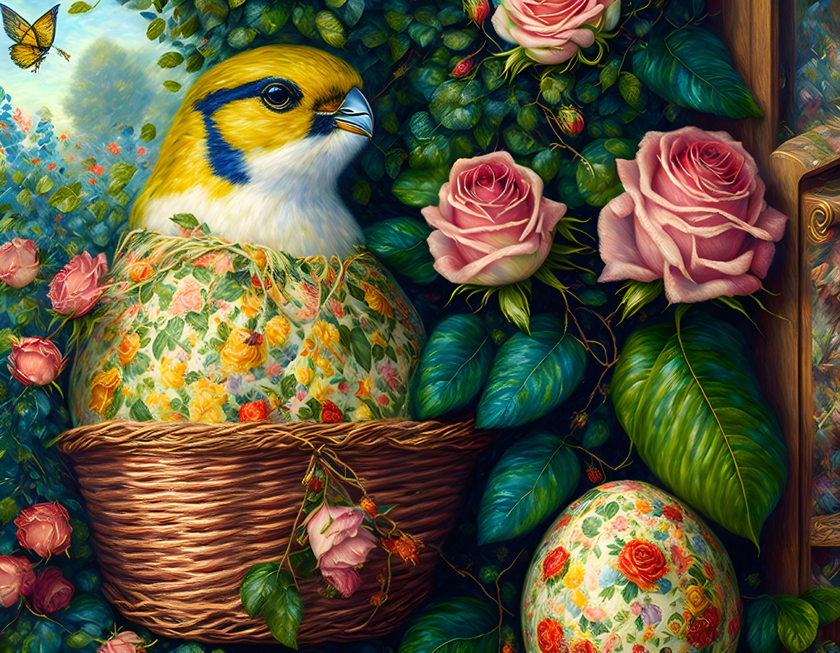 Colorful bird in yellow head perched among pink roses and eggs in woven basket