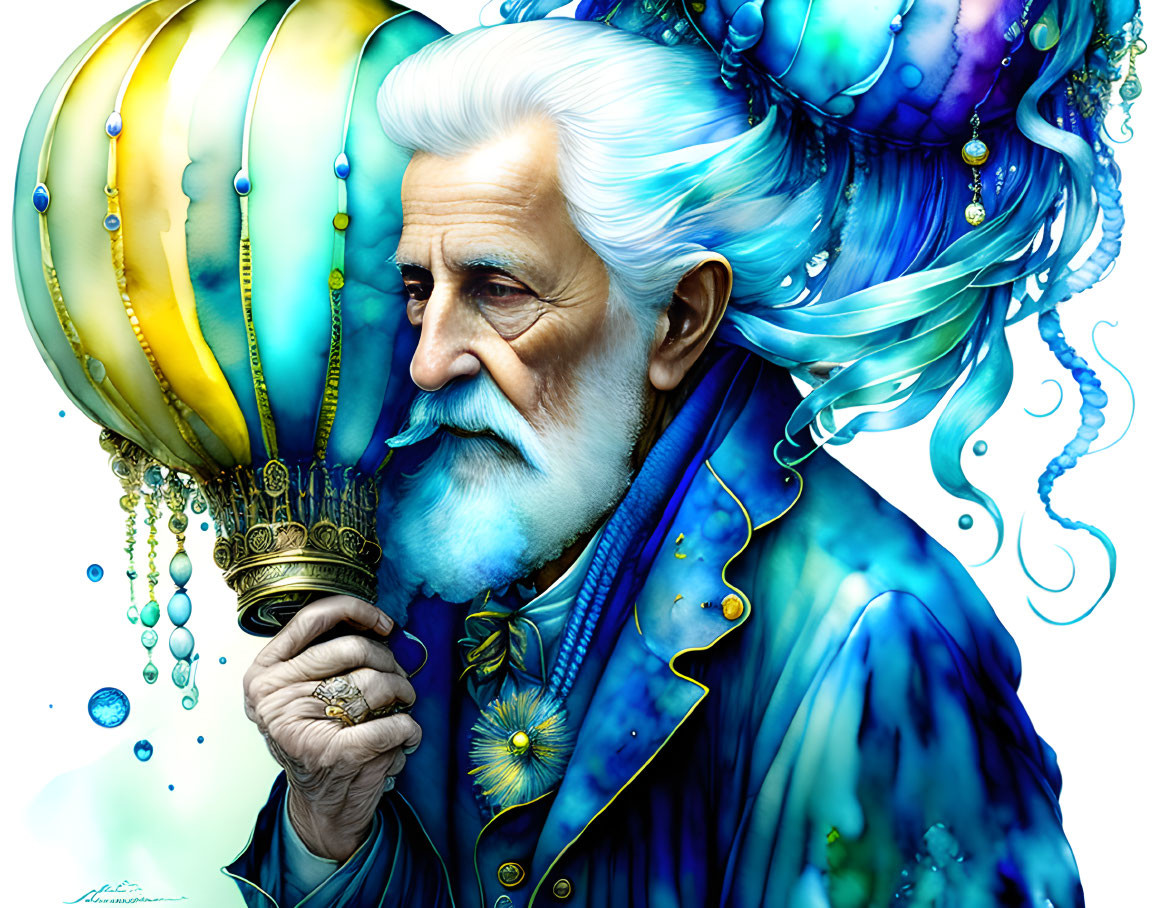 Illustrated portrait of man with white hair and beard holding a balloon amidst oceanic and steampunk