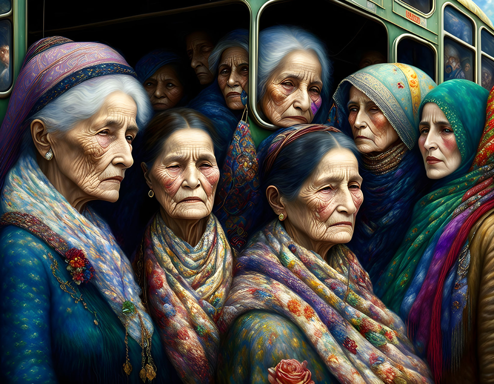 Hyperrealistic painting of elderly women in colorful shawls, sharing a moment together.