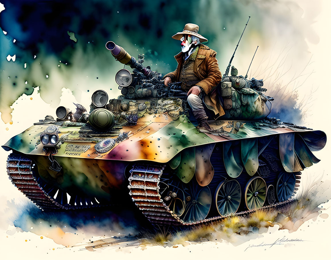 Illustration of person in vintage attire on armored tank with surreal background