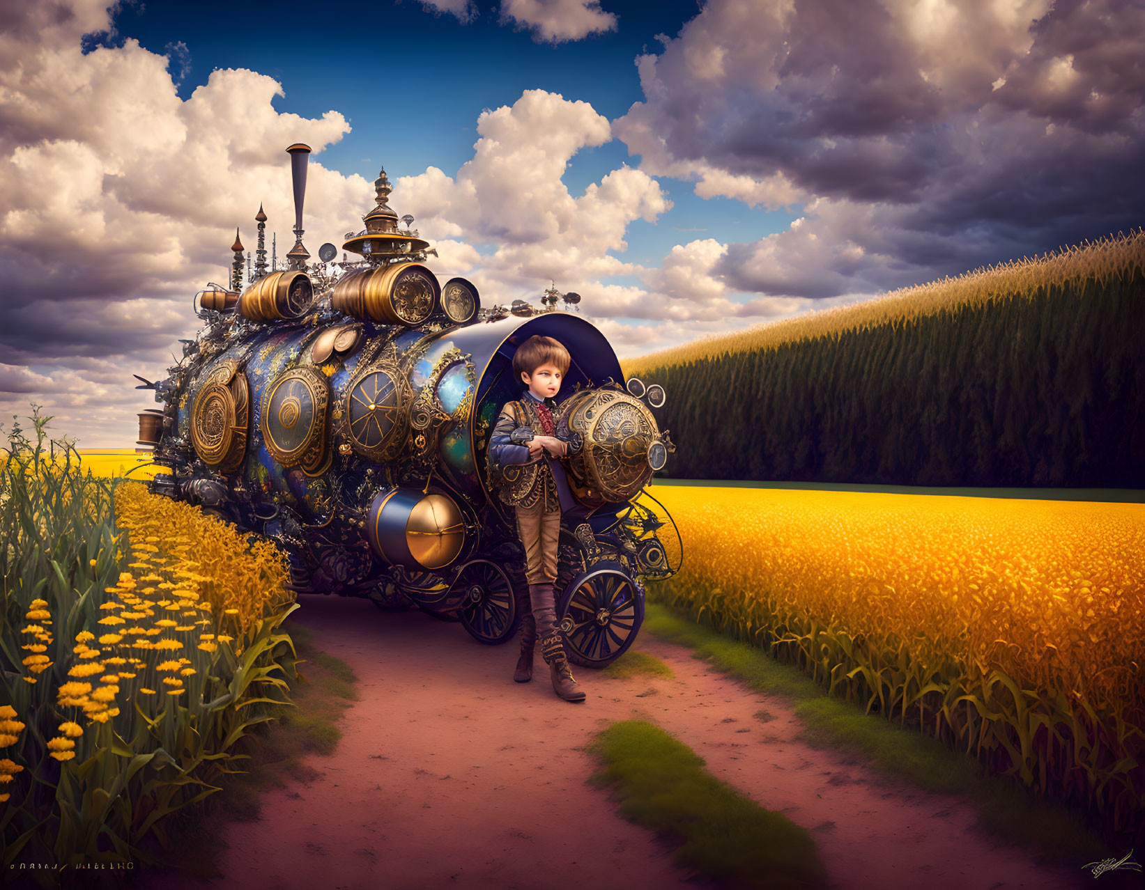 Child in sunflower and wheat fields with small globe and steam engine vehicle