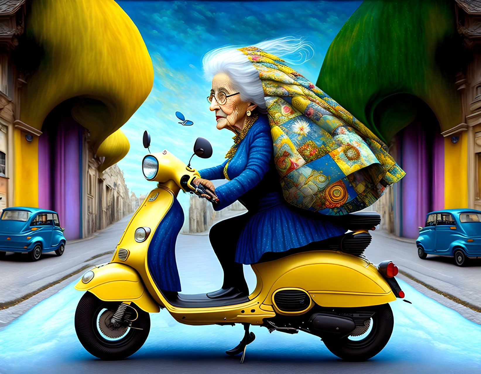 Elderly woman on yellow scooter with overflowing bag in colorful street