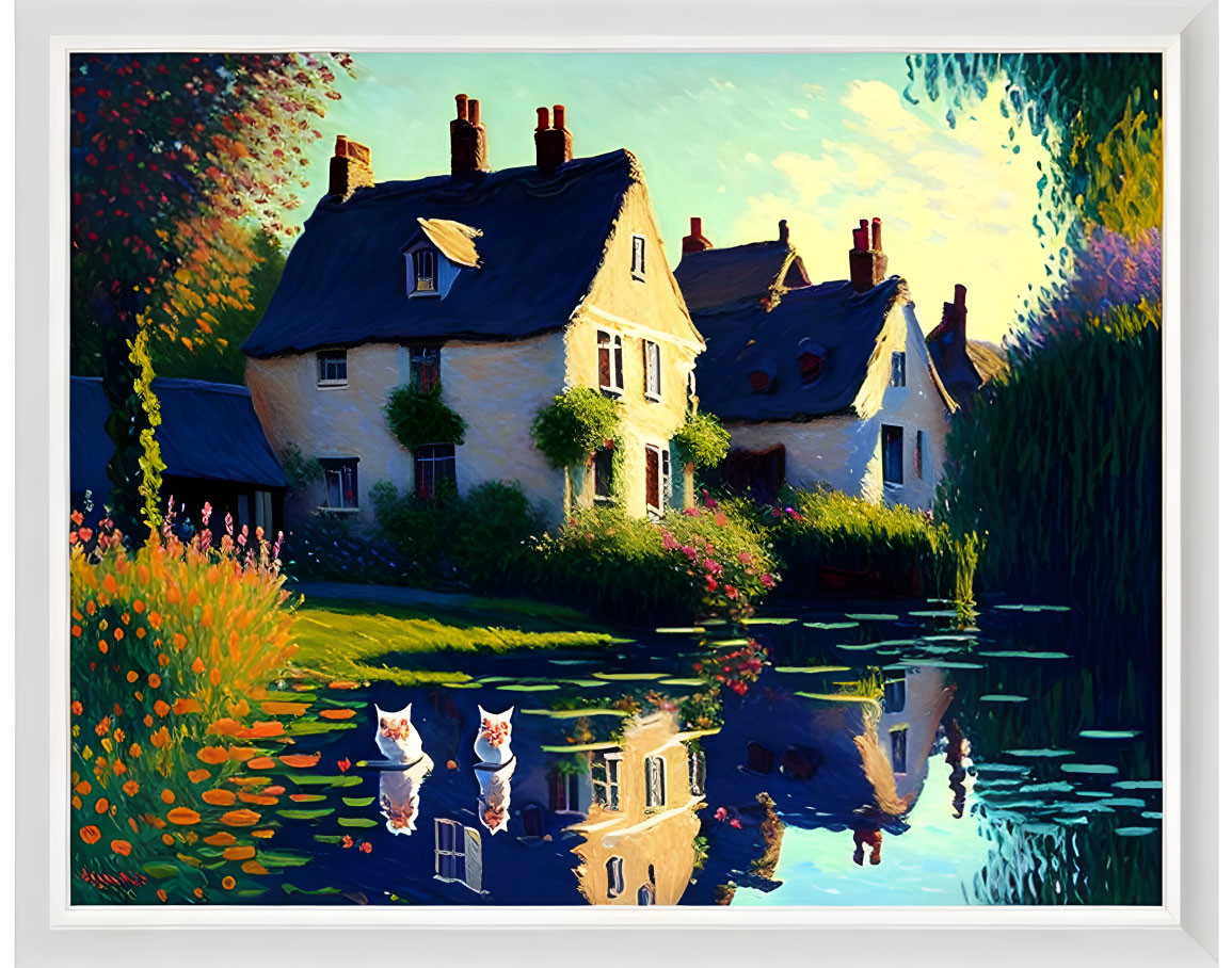 Vibrant painting of cottage, pond, cats, greenery & flowers