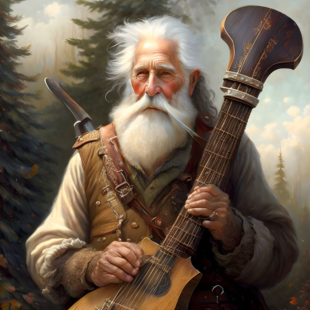 Elderly bard with long white beard and stringed instrument in medieval attire before forest.