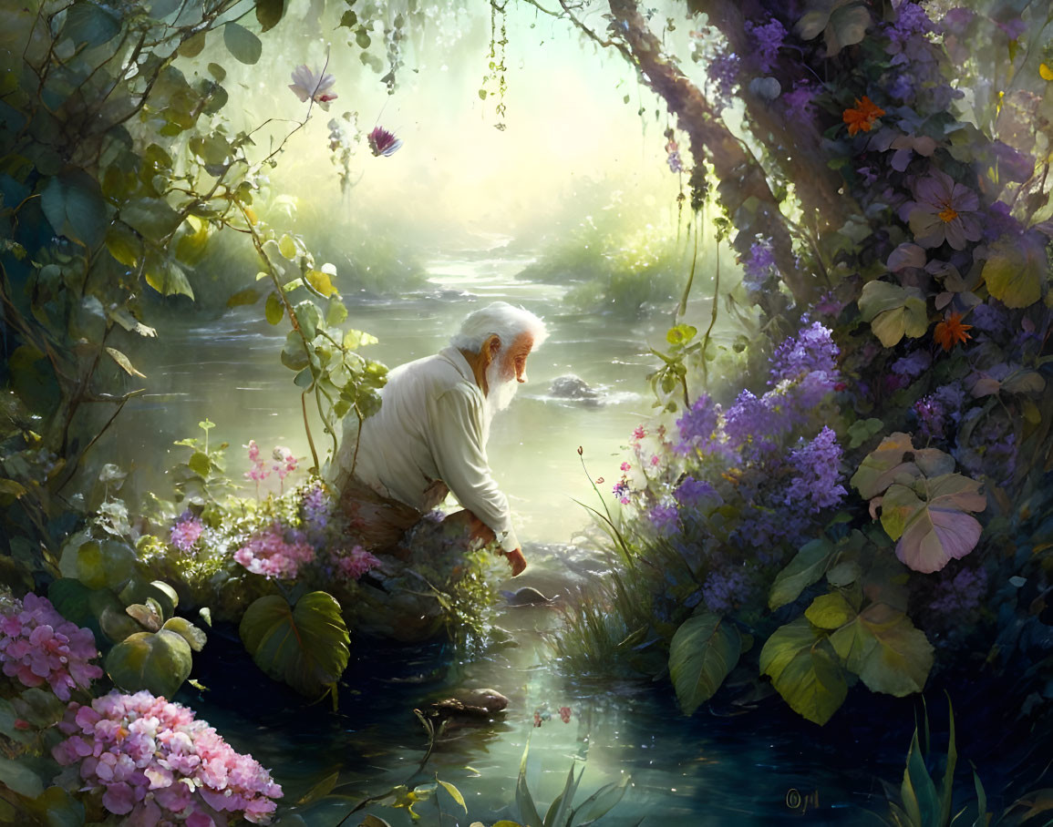 Elderly Person in White Clothes by Tranquil Sunlit Stream