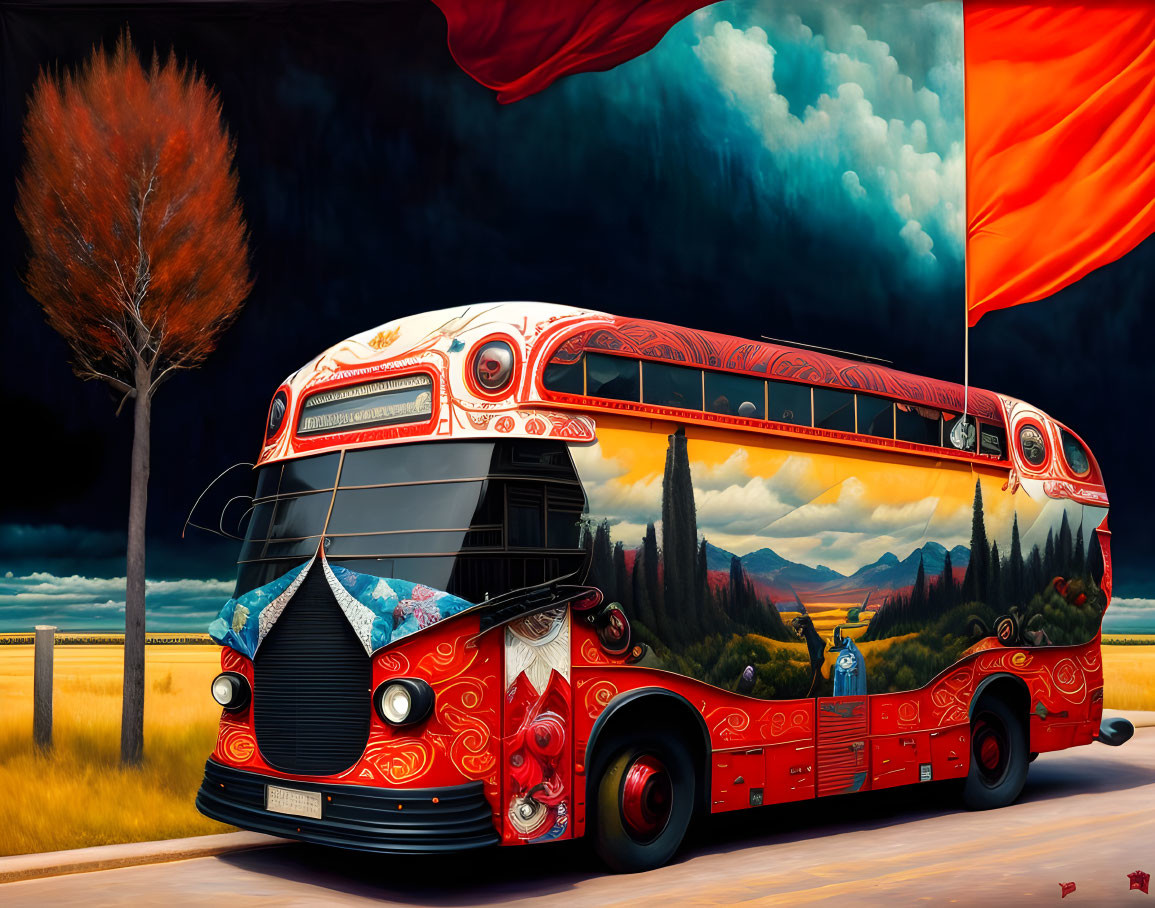 Colorful bus with intricate designs under dramatic sky and red flag, next to barren tree