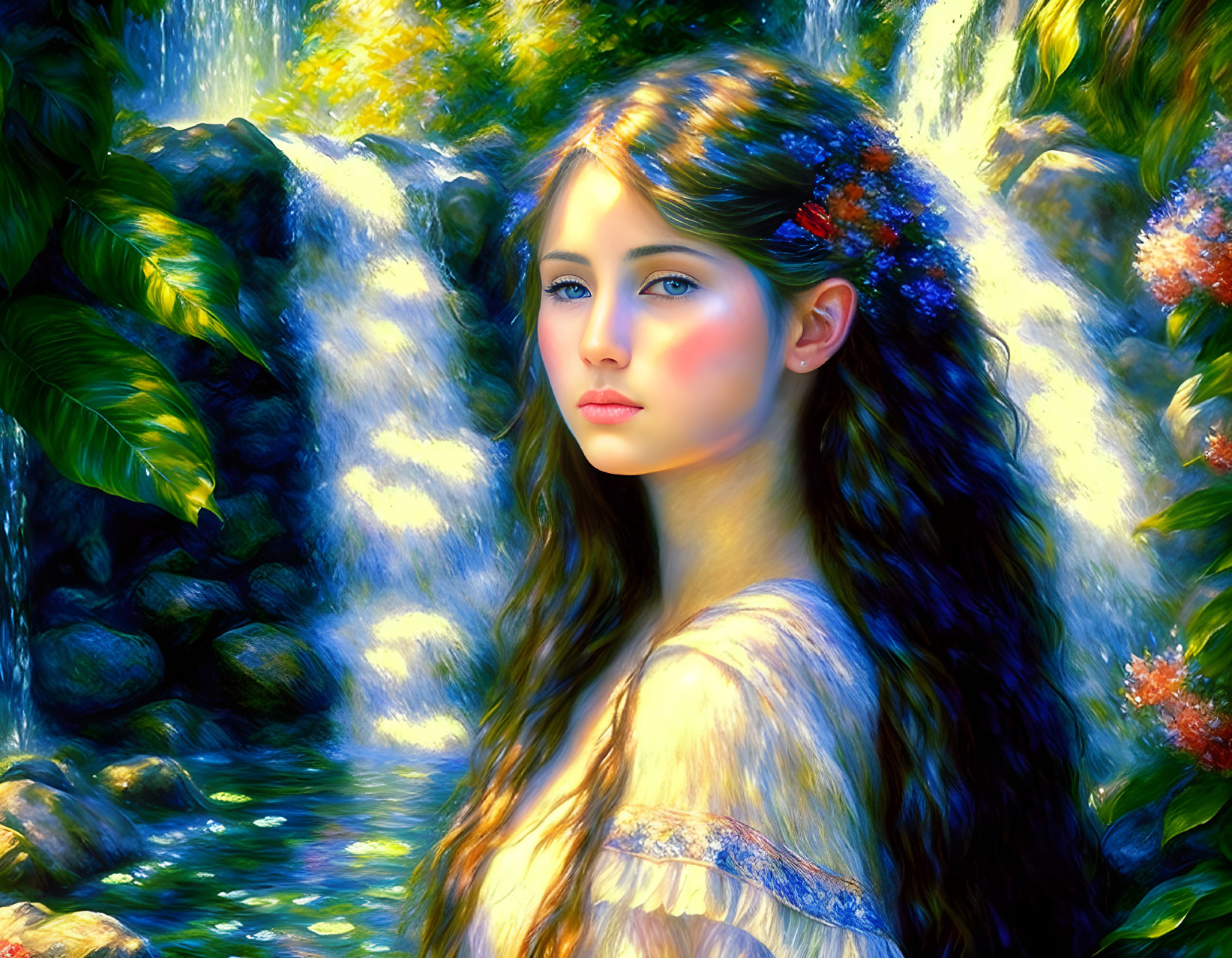 Young woman with flower-adorned hair in front of waterfall and foliage