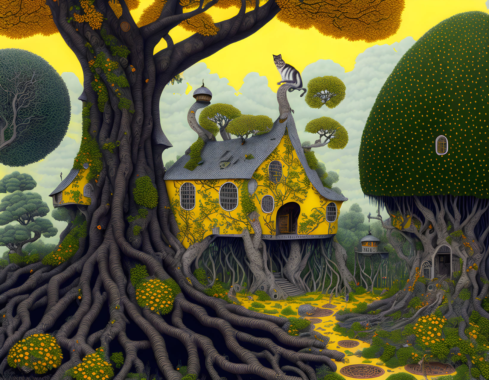 Yellow-patterned house intertwined with tree roots in a fantasy setting.