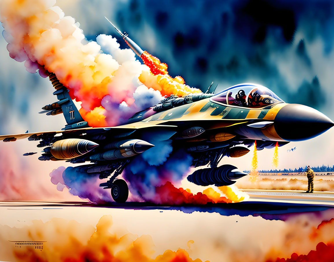 Colorful Camouflaged Fighter Jet Takes Off with Vibrant Exhaust Flames