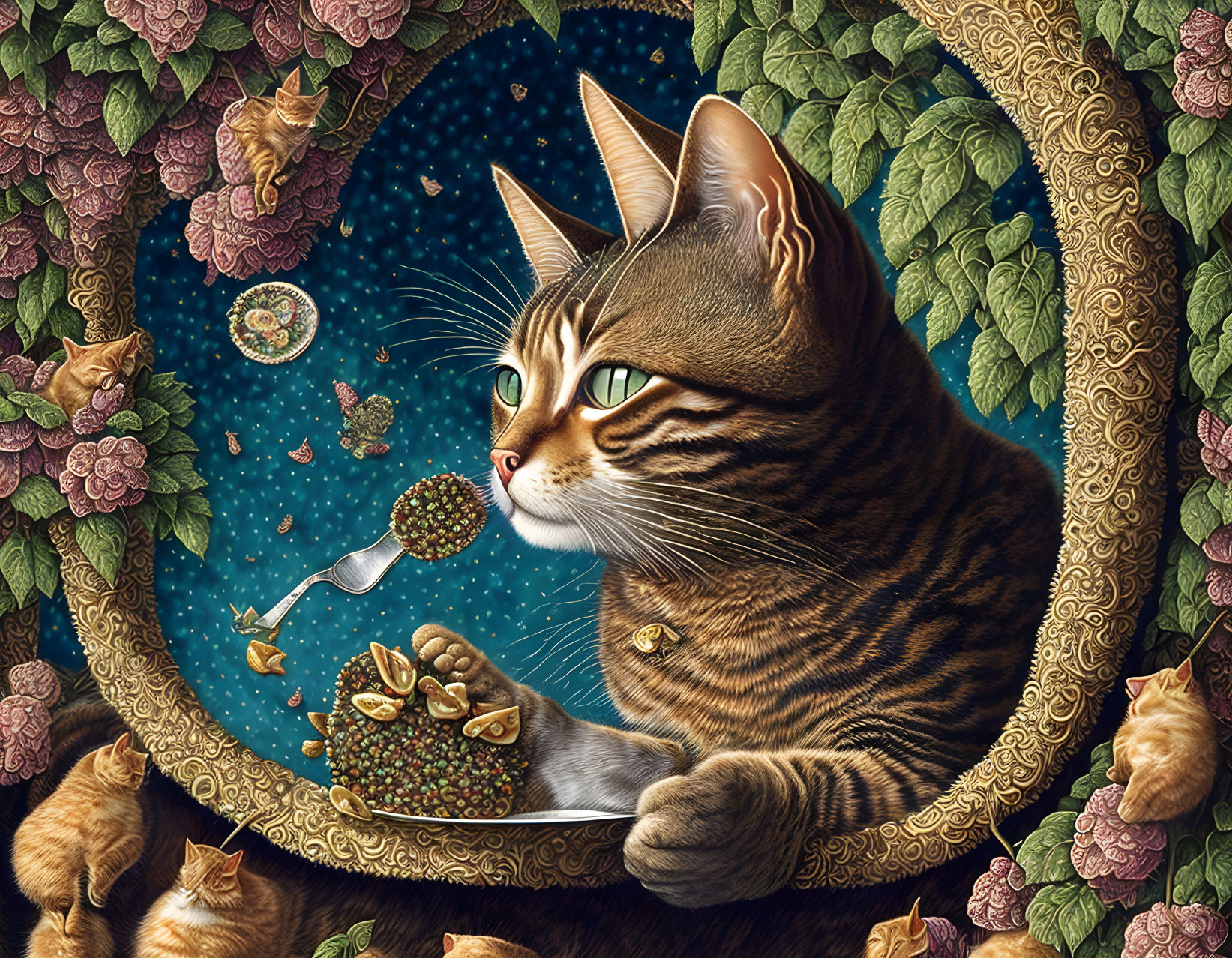 Illustration of cat eating with fork in ornate frame, kittens and space background