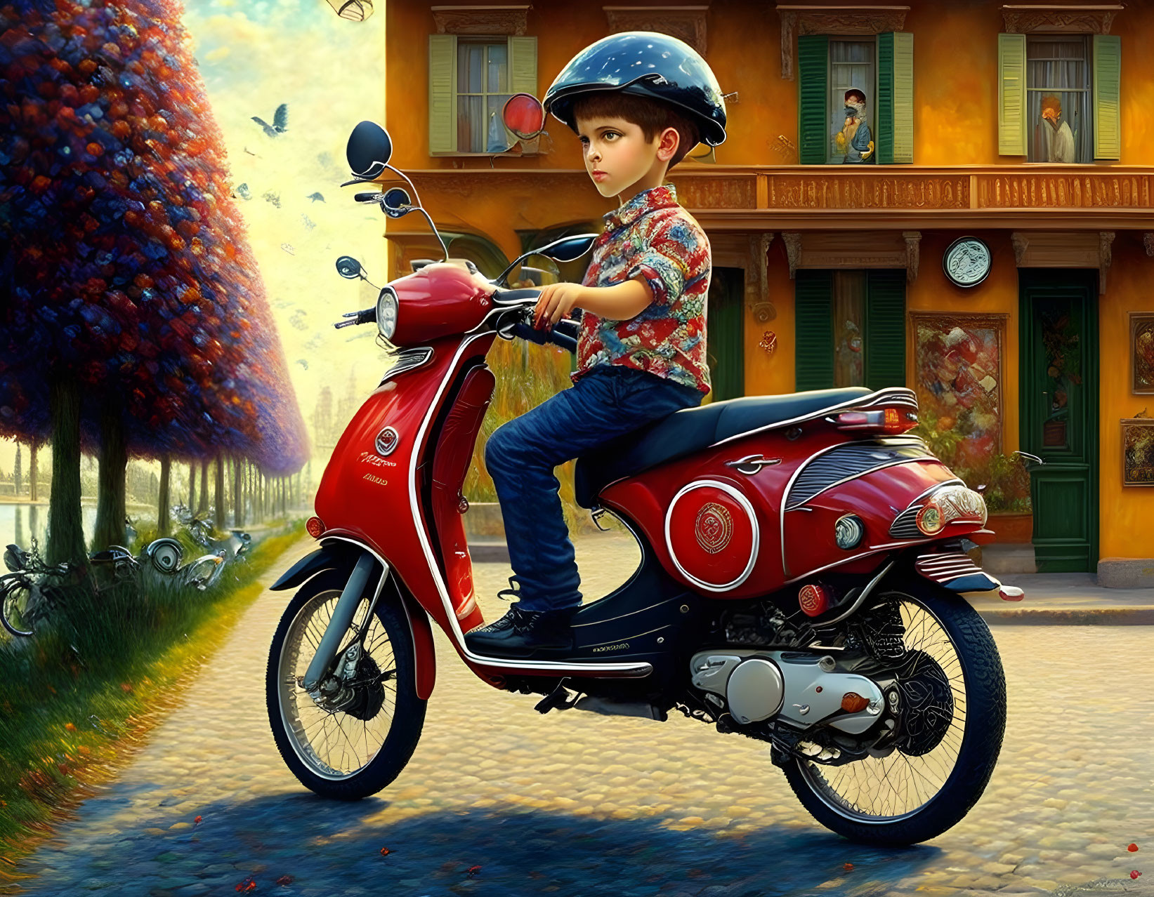 Young boy on red scooter in colorful street with butterflies