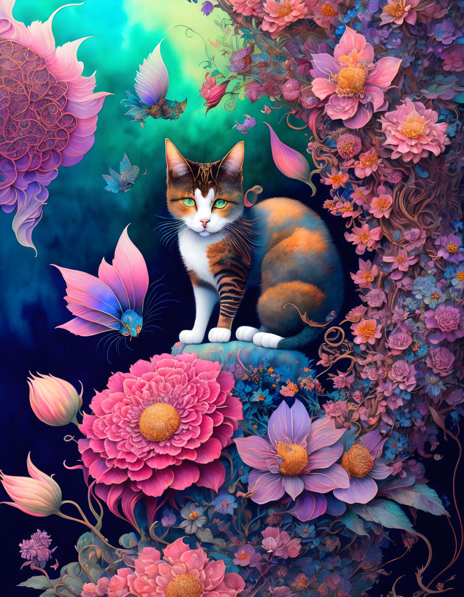 Calico Cat in Vibrant Fantastical Garden