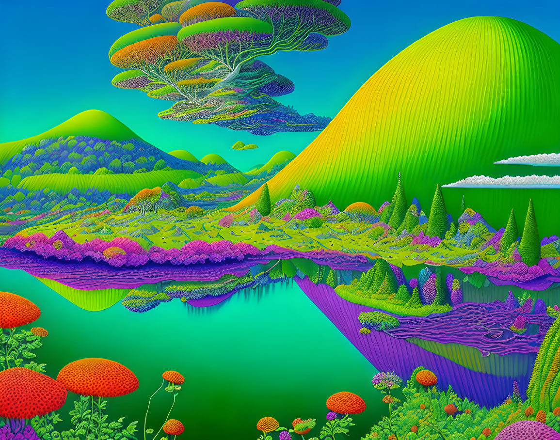 Fantastical landscape with neon colors and reflective lake