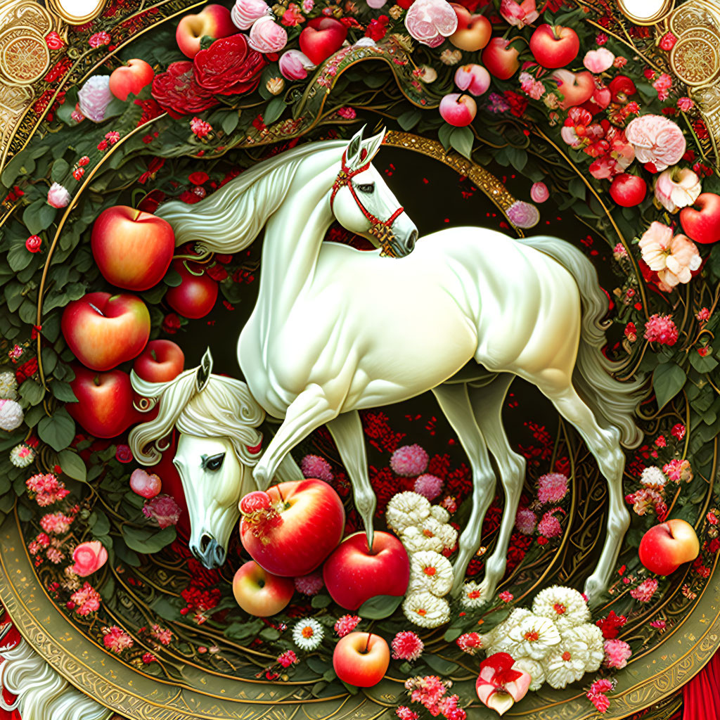 White Horse with Red Apples and Flowers in Circular Frame