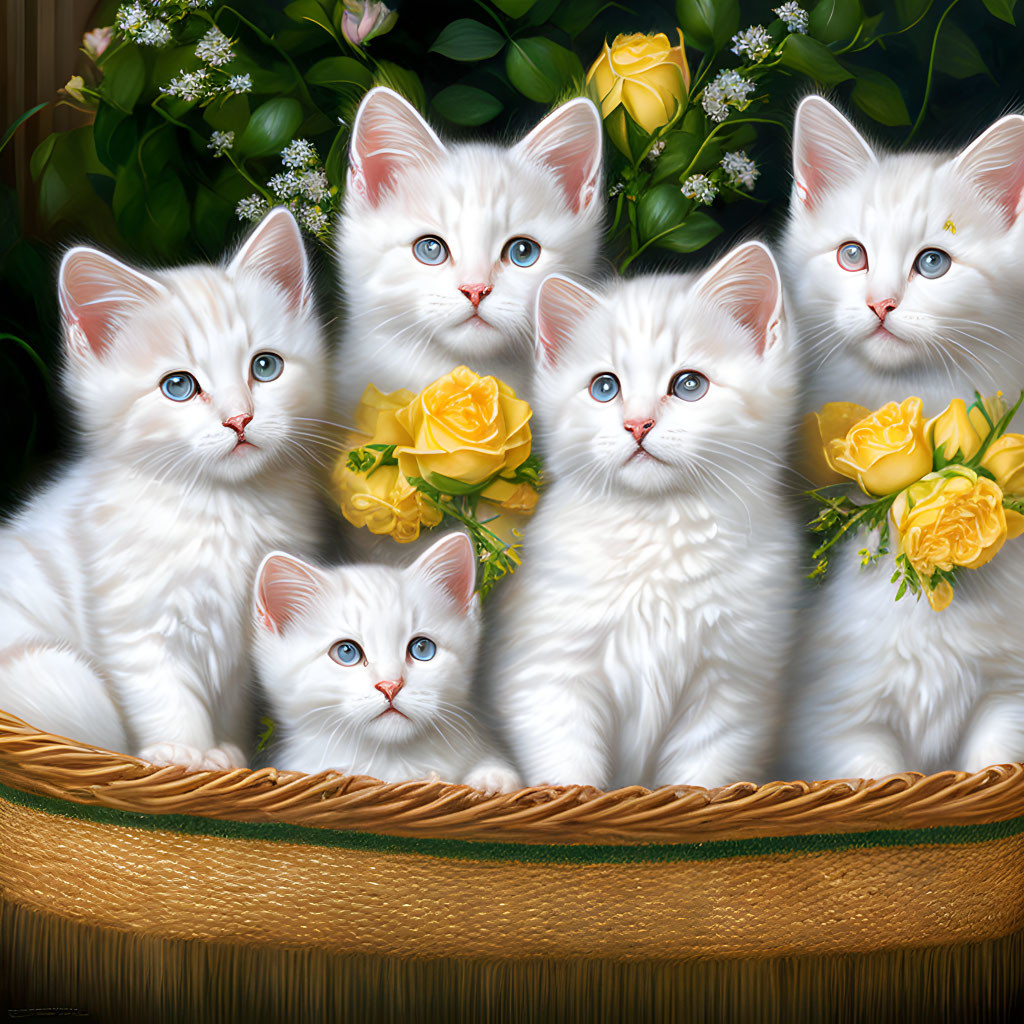 Five White Kittens with Blue Eyes in Woven Basket Surrounded by Green Leaves and Yellow Roses