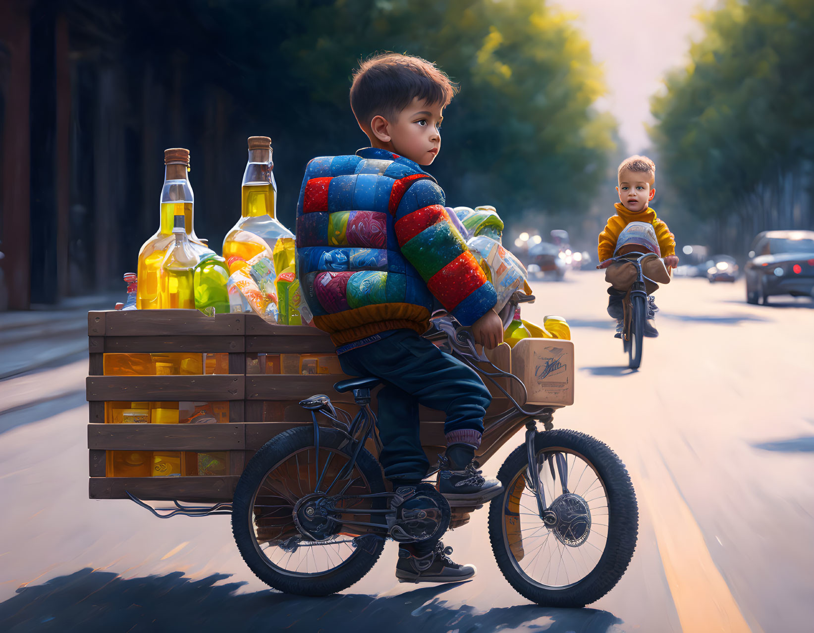 Young boy on bicycle watching child in toy car on sunlit street