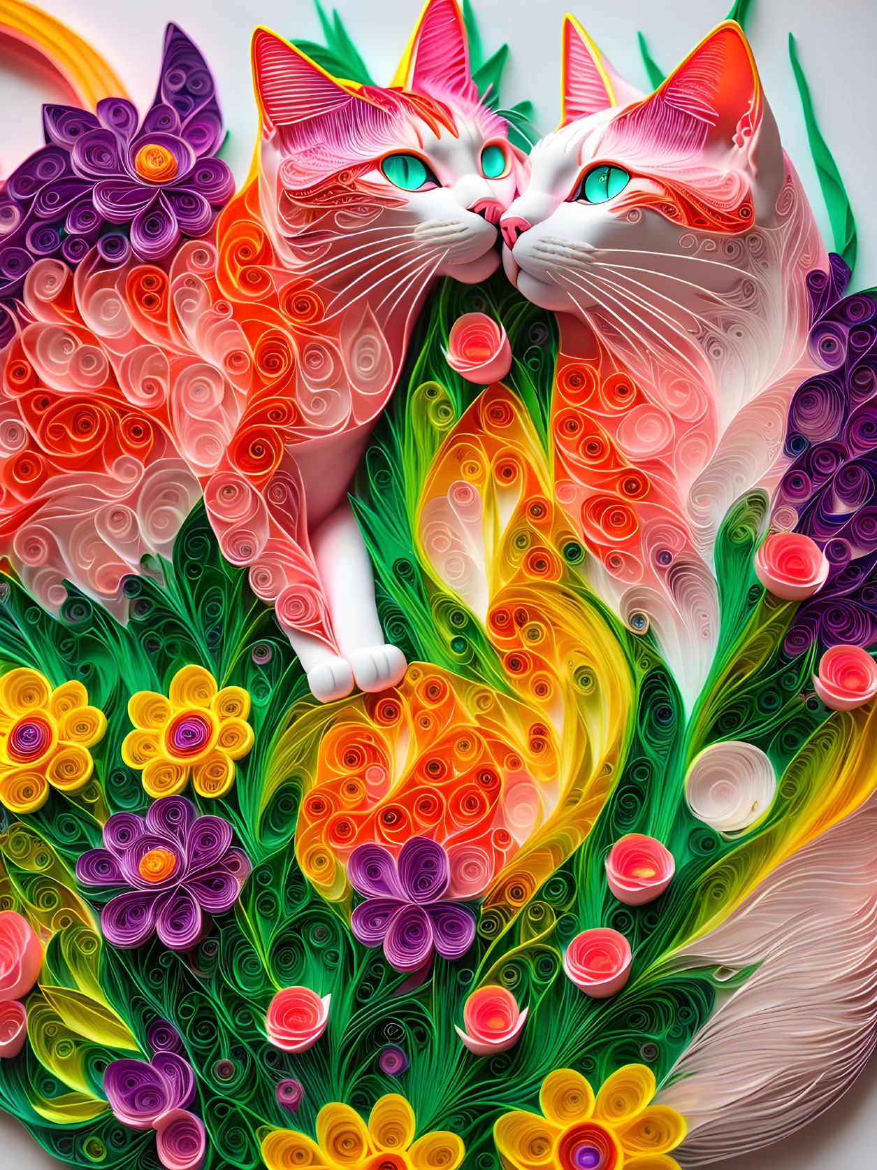Colorful Paper Quilling Art: Two Cats with Swirl Patterns & Floral Textures