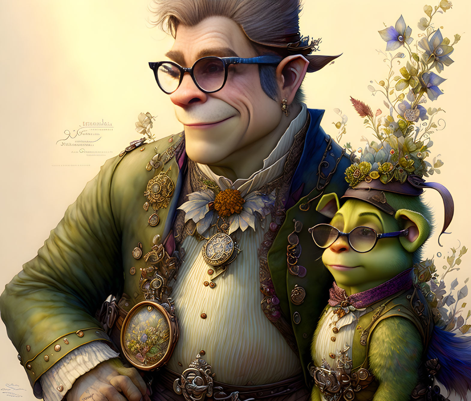 Whimsical anthropomorphic monkey characters in smart attire with glasses and monocle, accompanied by smaller monkey