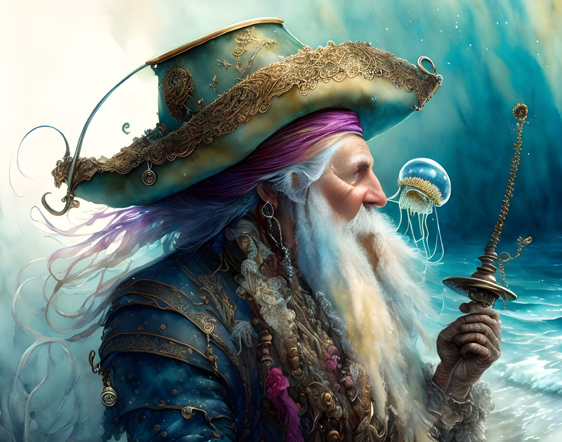 Elderly pirate captain with purple beard holding scepter gazes at jellyfish on stormy sea