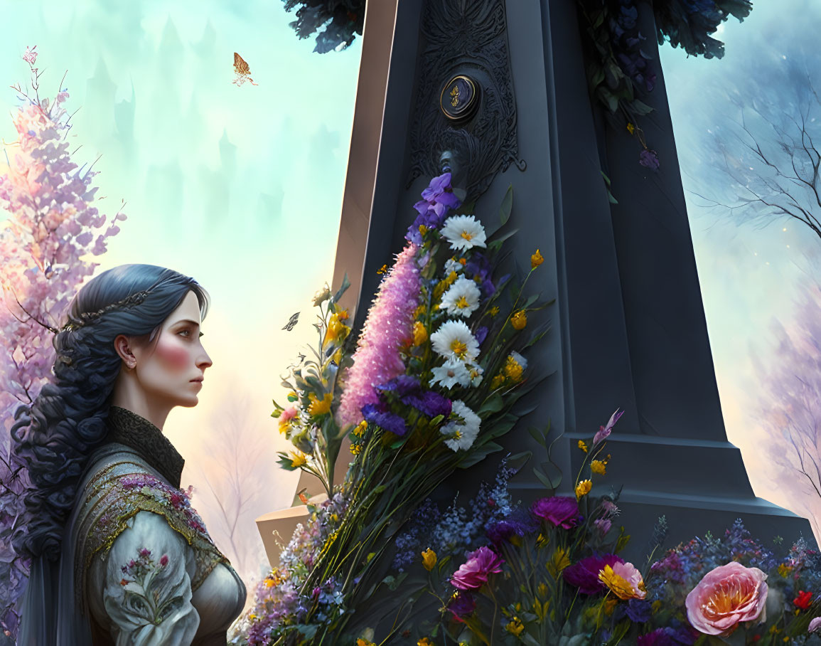 Woman with intricate braids near monolith in mystical forest surrounded by vibrant flowers