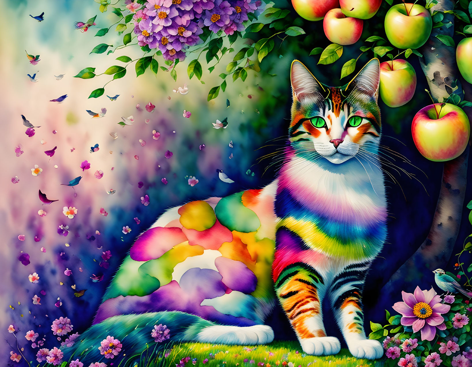 Vibrant Patchwork Cat Under Apple Tree with Butterflies