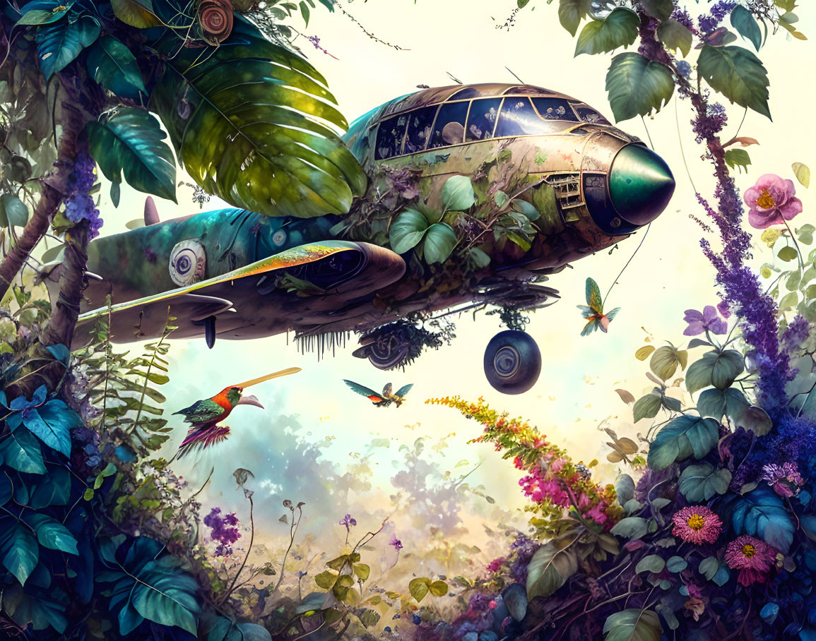 Abandoned airplane covered in foliage in magical forest scene