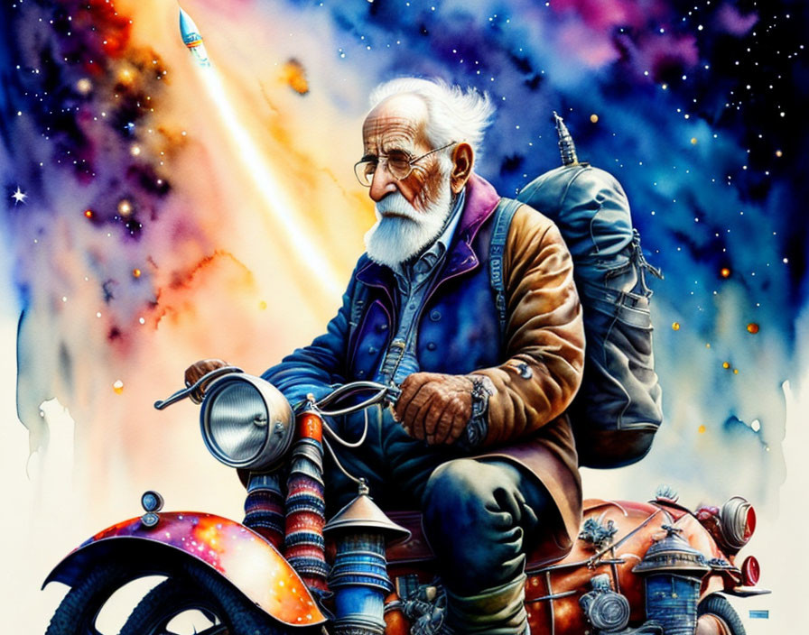 old man sits astride a rocket