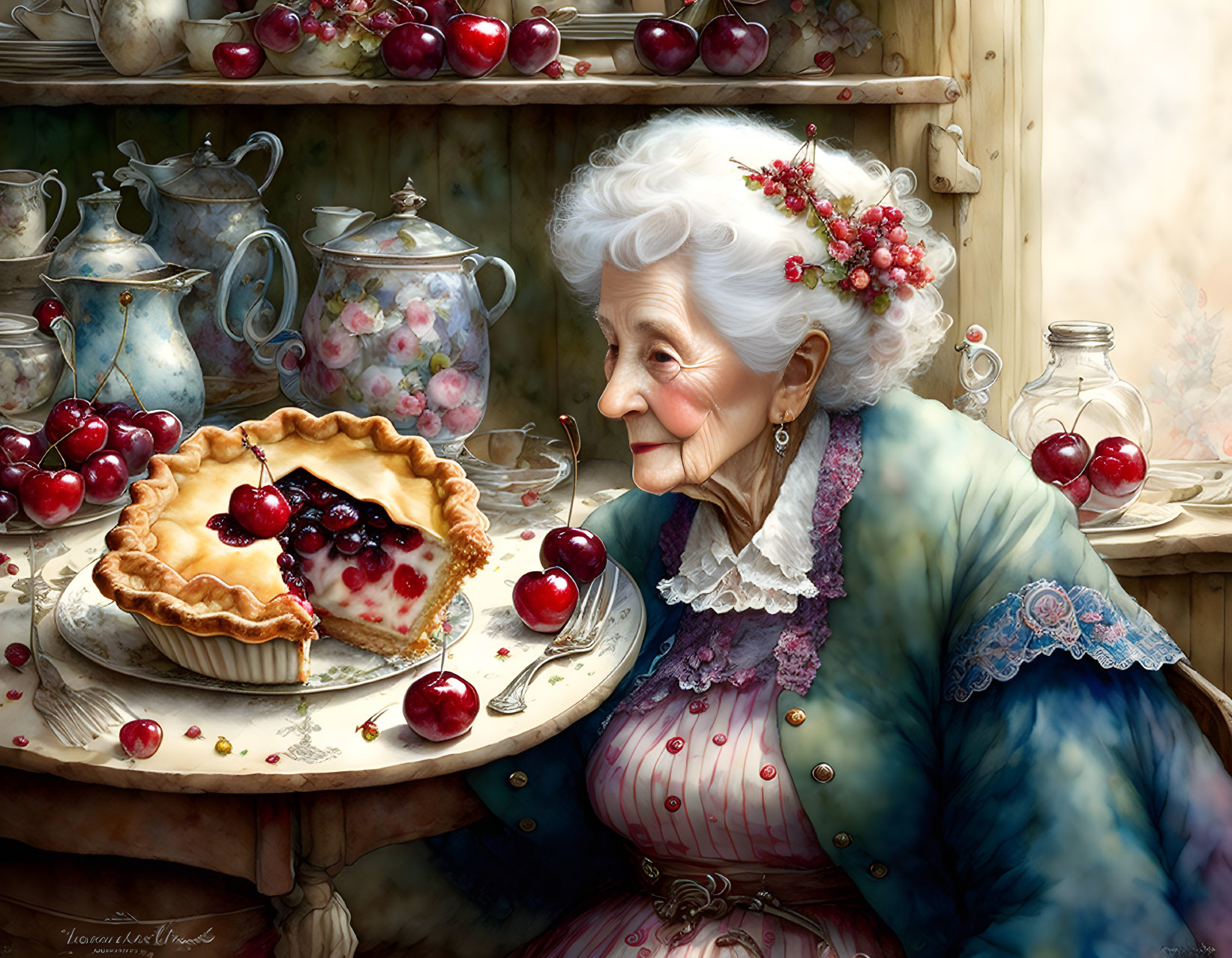 Elderly woman in blue dress smiles by window with cherry pies.