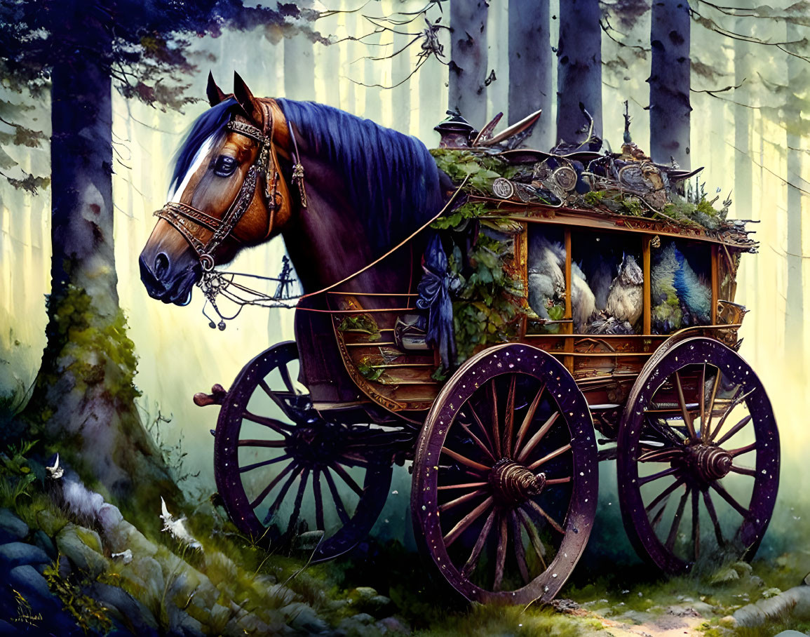 Ornate wooden carriage with horse in mystical forest setting