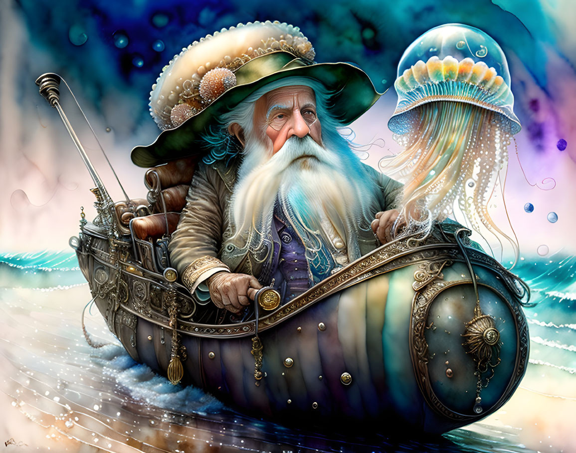 Elderly sailor in jellyfish boat on ocean waves under dreamy sky