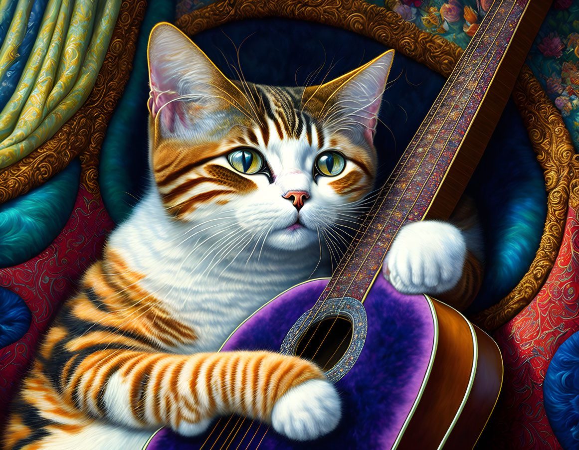 Vivid Tabby Cat with Guitar in Luxurious Setting