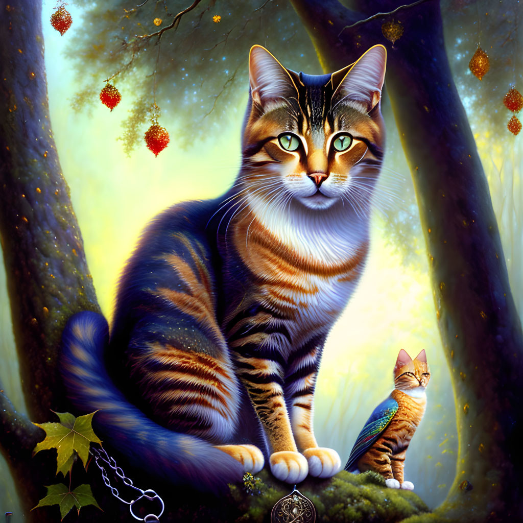 Detailed digital painting of large cat in fantastical forest with smaller cat and mystical elements