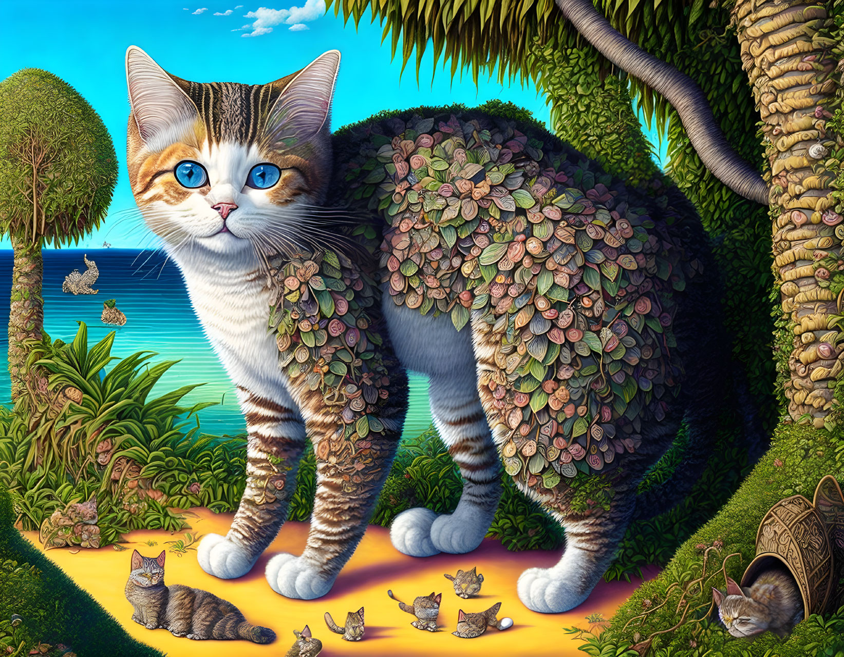 Large cat with ocean-blue eyes in surreal tropical landscape