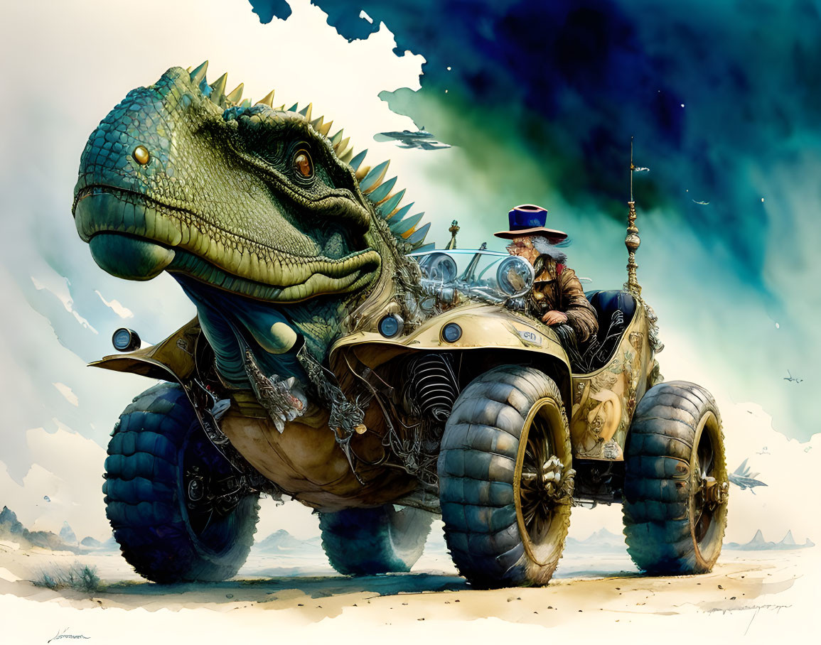 Steampunk-themed illustration with person in vintage car and friendly dinosaur under dramatic sky