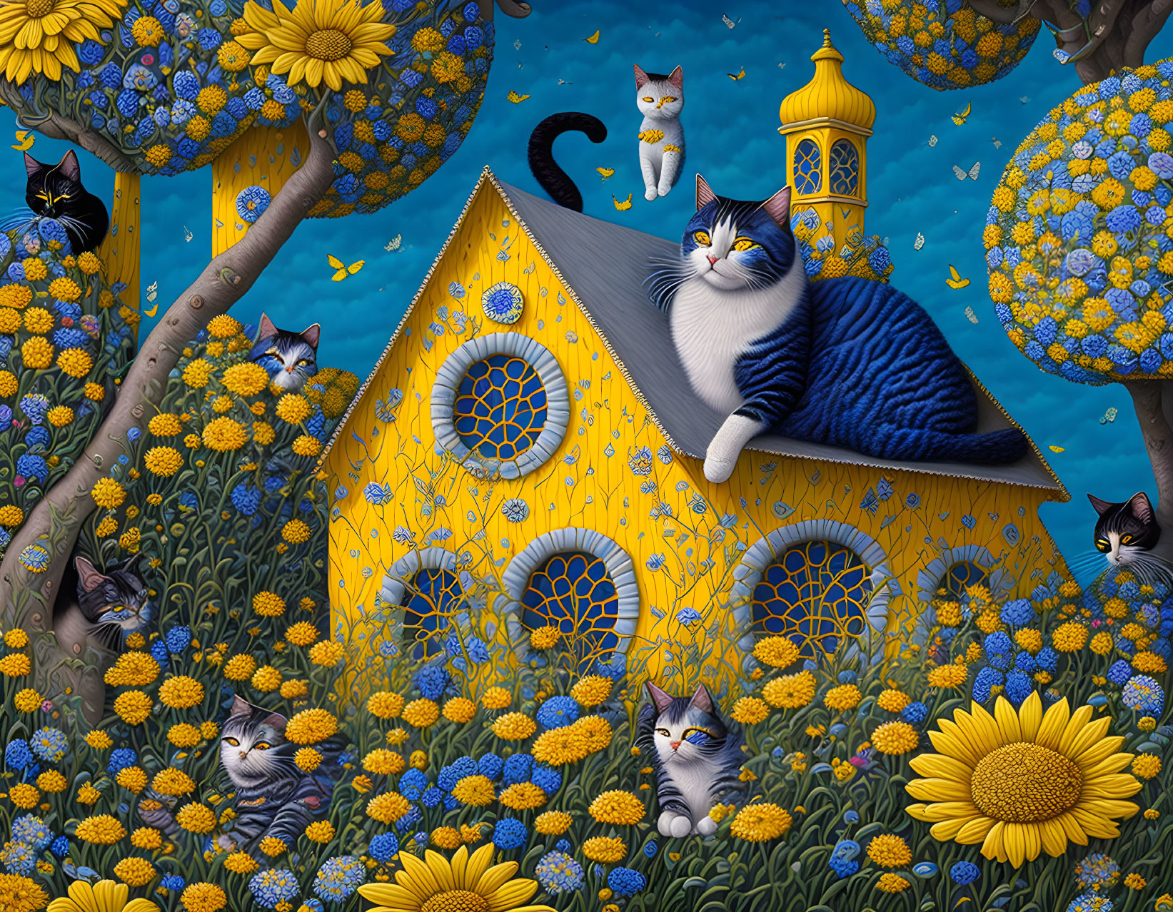 Fantastical scene of camouflaged cats among yellow houses and blue flowers