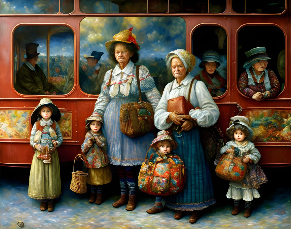 Realistic painting of people in traditional attire at train station