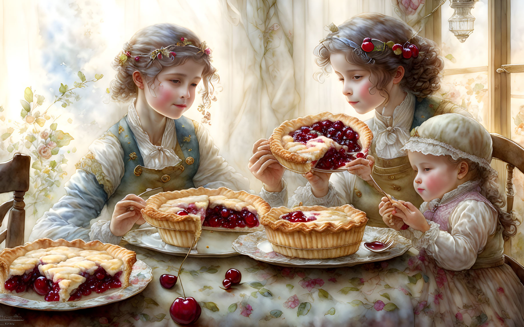 Vintage Attired Girls with Cherry Pies by Window