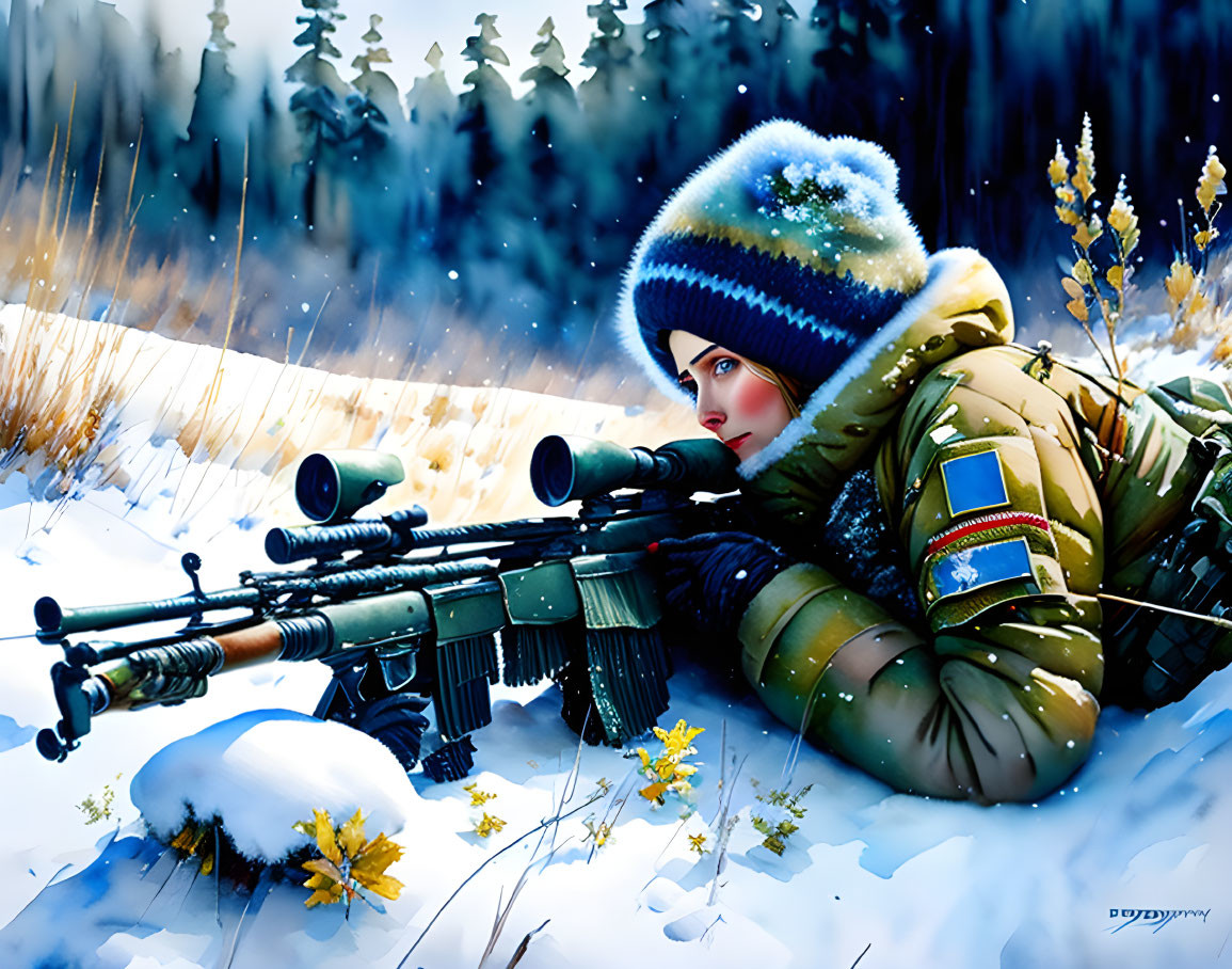 Person in winter camouflage with scoped rifle lying in snow, yellow flowers and dark trees in background