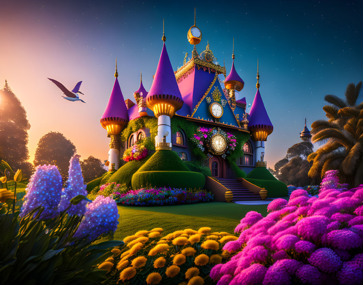 Colorful Whimsical Castle with Spire Towers in Sunset Garden