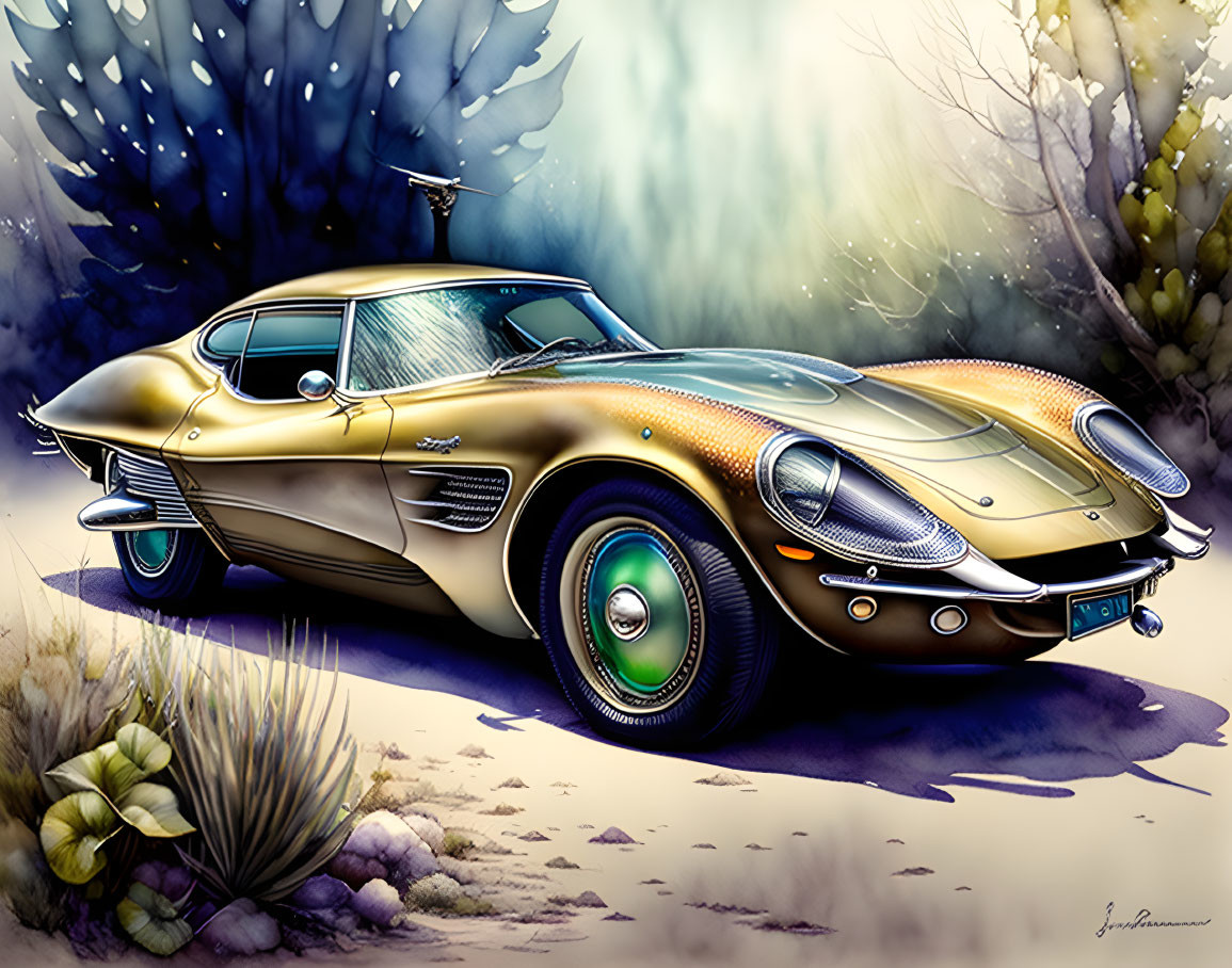 Stylized illustration of gold sports car in underwater scene