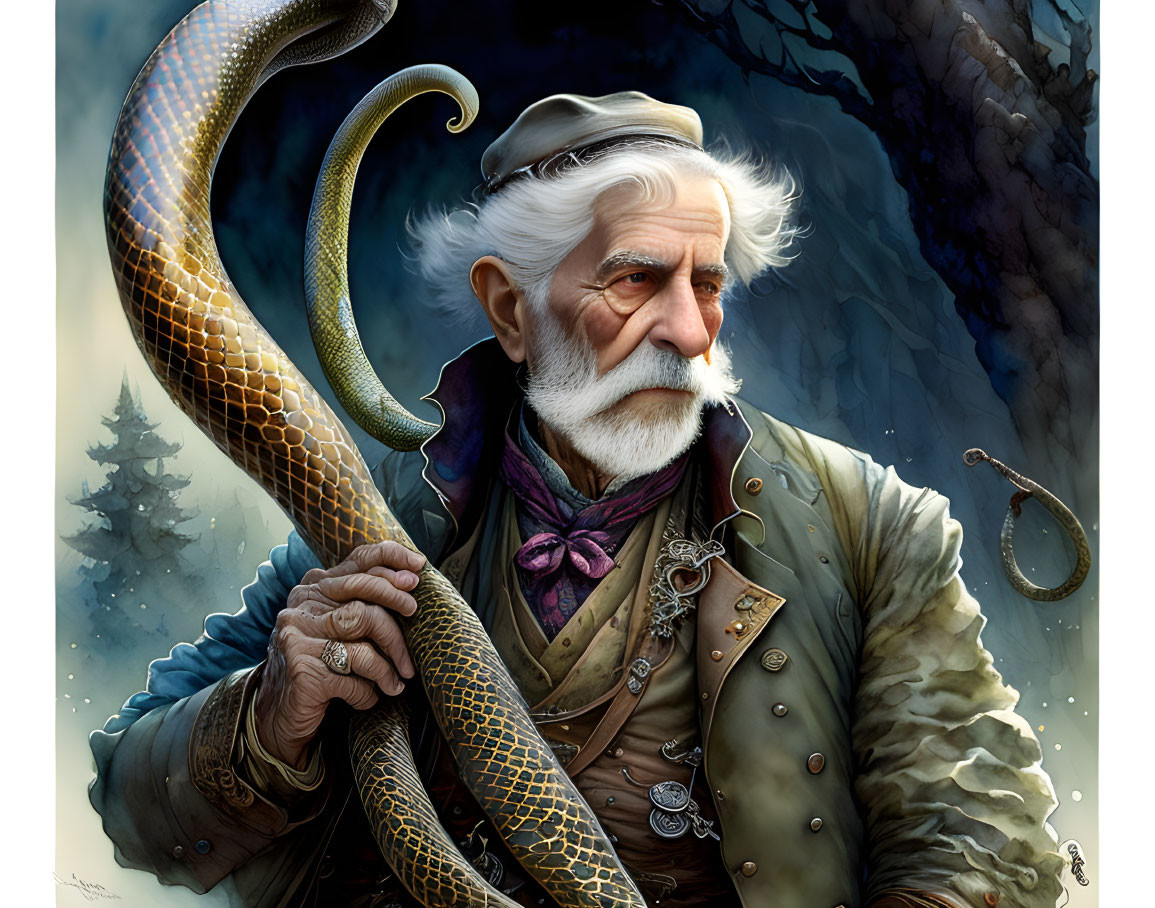 Elderly man with white beard holding snake in forest setting